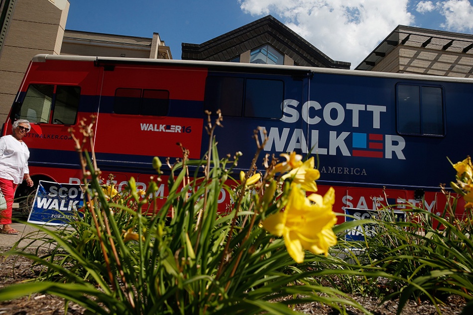 Wisconsin Gov. and Republican Presidential candidate Scott Walker's winnebago is parked outside the Cedar Rapids Museum of Art after a town hall event in Cedar Rapids on Friday, July 17, 2015. (Adam Wesley/The Gazette)