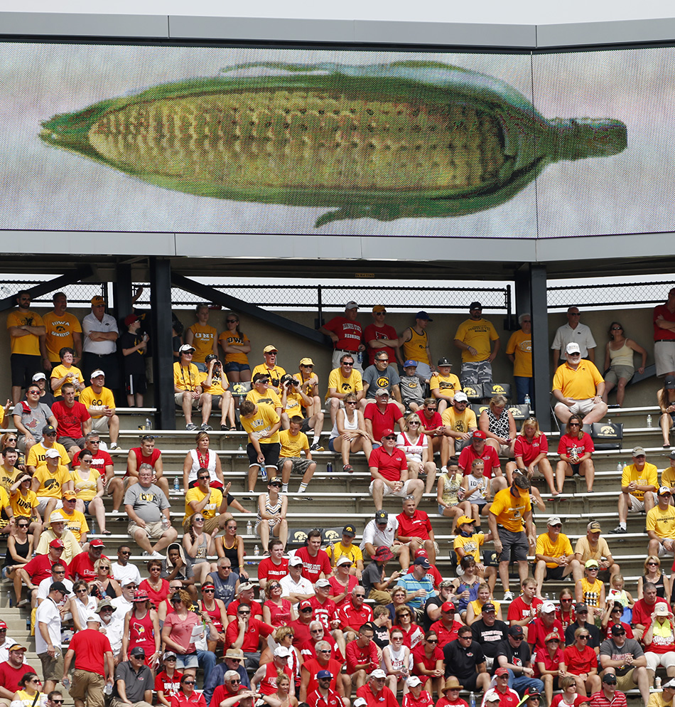 Even the ads are corn-themed here at Kinnick Stadium in Iowa City on Saturday, Sept. 5, 2015. (Adam Wesley/The Gazette)