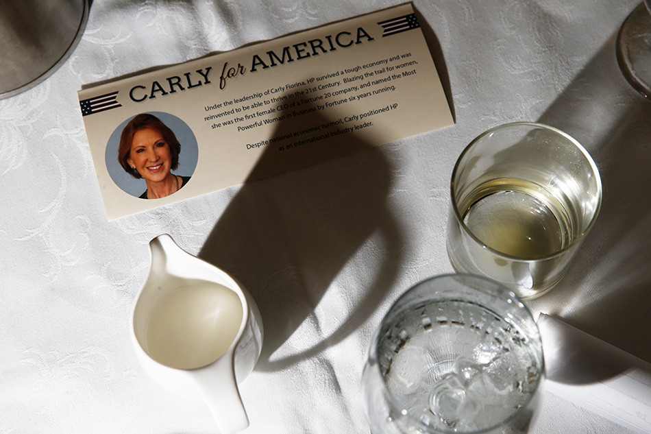 A flier for Republican presidential candidate Carly Fiorina lays on a table after her speech at the Linn County GOP Reagan Breakfast at the Kirkwood Hotel in Cedar Rapids on Saturday, Oct. 17, 2015. (Adam Wesley/The Gazette)
