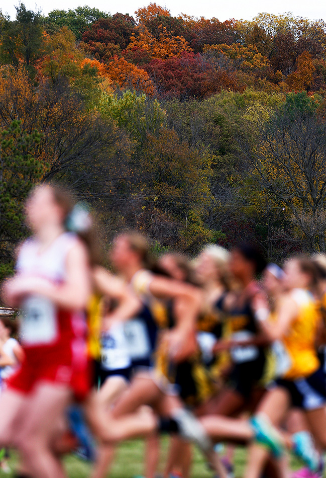Runners leave the start at a Class 1A high school state qualifying meet at the Seminole Valley Cross Country Course in Cedar Rapids on Thursday, Oct. 22, 2015. (Adam Wesley/The Gazette)