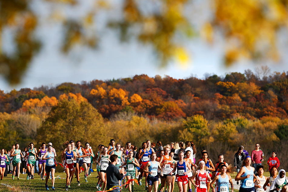 Runners compete in a Class 4A high school girls state qualifying meet at the Seminole Valley Cross Country Course in Cedar Rapids on Thursday, Oct. 22, 2015. (Adam Wesley/The Gazette)