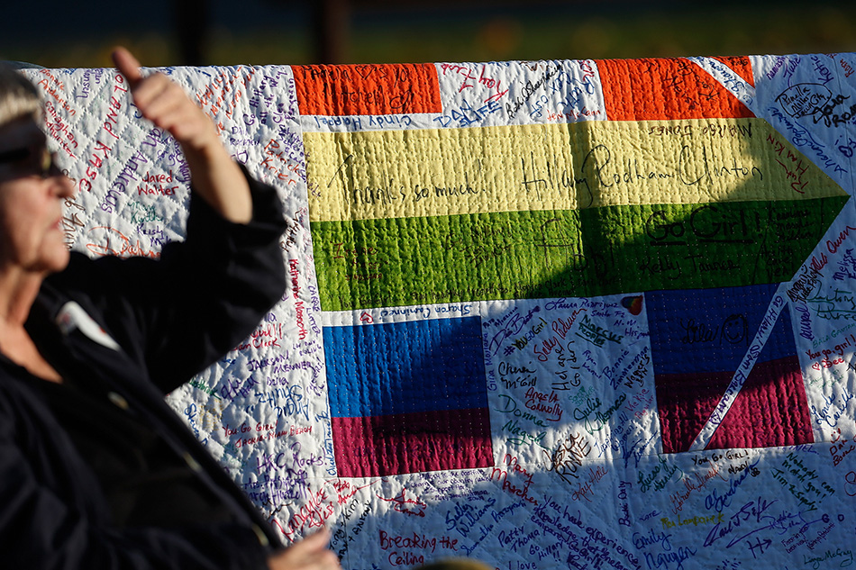 A quilt designed to support Democratic Presidential candidate Hillary Clinton is shown on display at a town hall event at S.T. Morrison Park in Coralville on Tuesday, Nov. 3, 2015. (Adam Wesley/The Gazette)