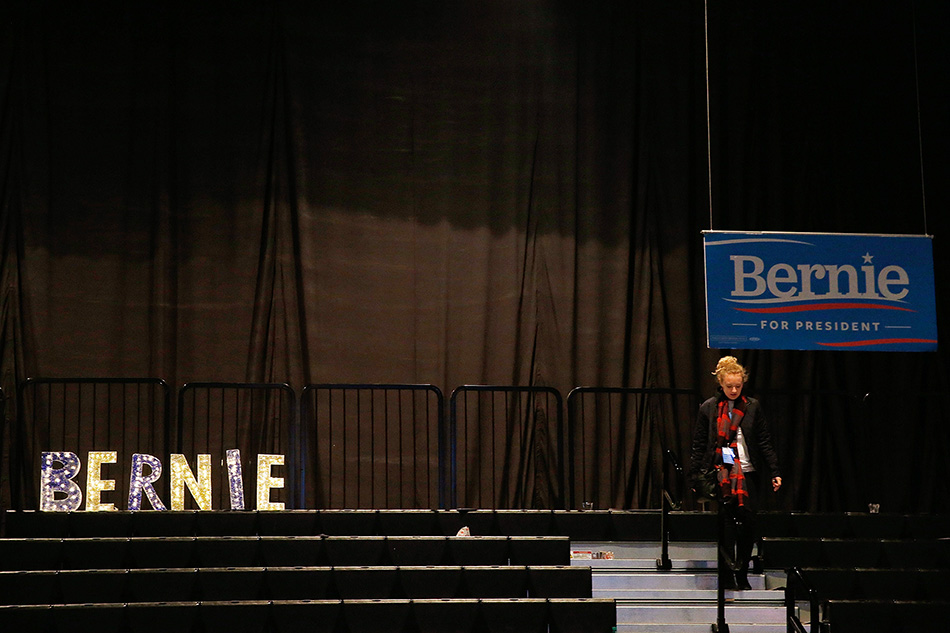 A supporter of Bernie Sanders leaves the bleachers after the Iowa Democratic Party's Jefferson-Jackson Dinner in Des Moines on Saturday, Oct. 24, 2015. (Adam Wesley/The Gazette)