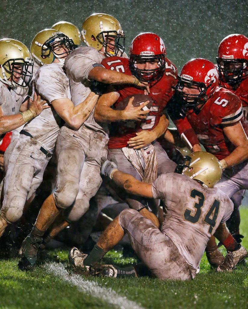 Iowa City High's Nate Wieland (15) is stopped at the goal line against Iowa City West in a class 4A high school football game at City High School in Iowa City on Friday, Sept. 18, 2015. (Adam Wesley/The Gazette)